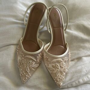 Zara Beige Floral Embroidered mesh slingback Heels brand new